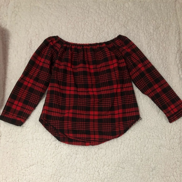 Red plaid/flannel off the shoulder top - Picture 2 of 2